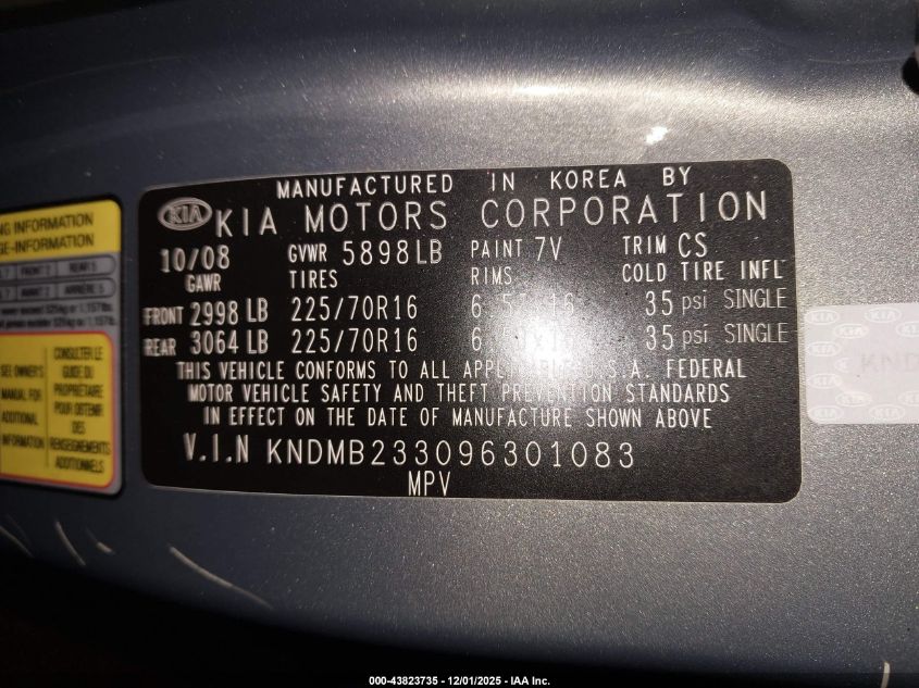 2009 Kia Sedona Lx VIN: KNDMB233096301083 Lot: 43823735