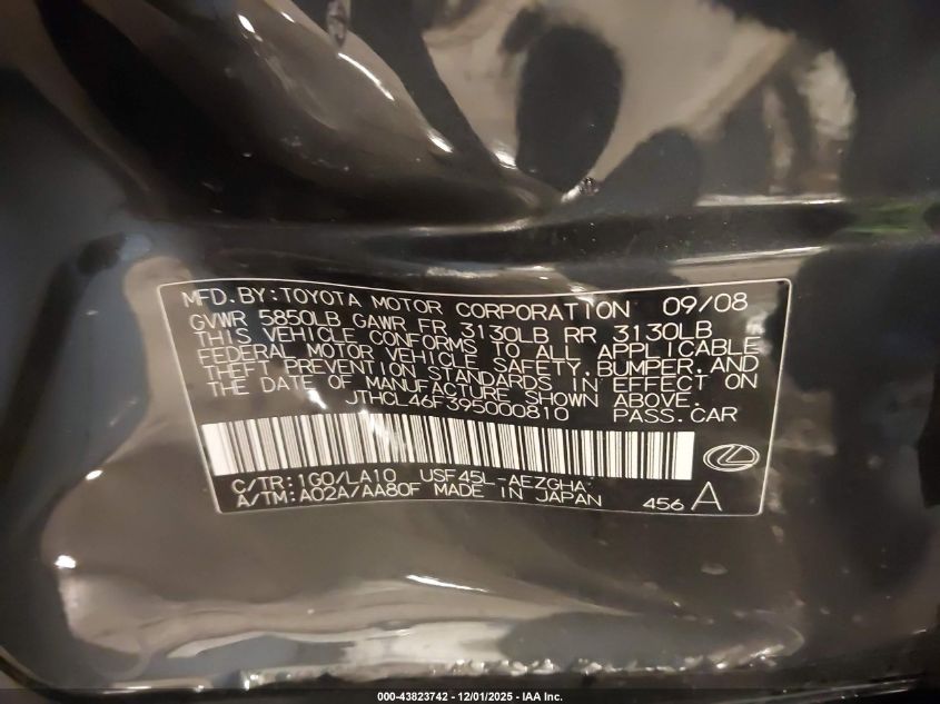 2009 Lexus Ls 460 VIN: JTHCL46F395000810 Lot: 43823742