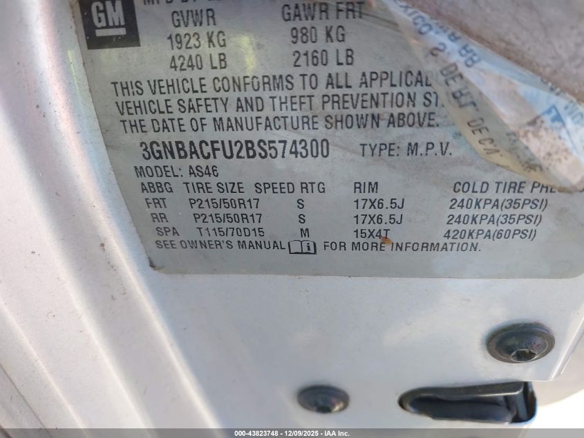 2011 Chevrolet Hhr Lt VIN: 3GNBACFU2BS574300 Lot: 43823748