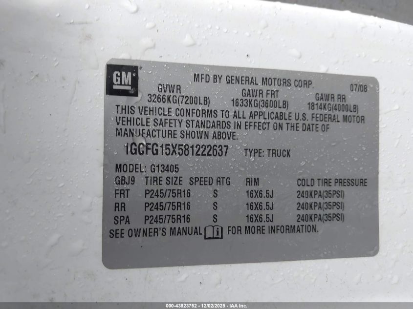 2008 Chevrolet Express Work Van VIN: 1GCFG15X581222637 Lot: 43823752