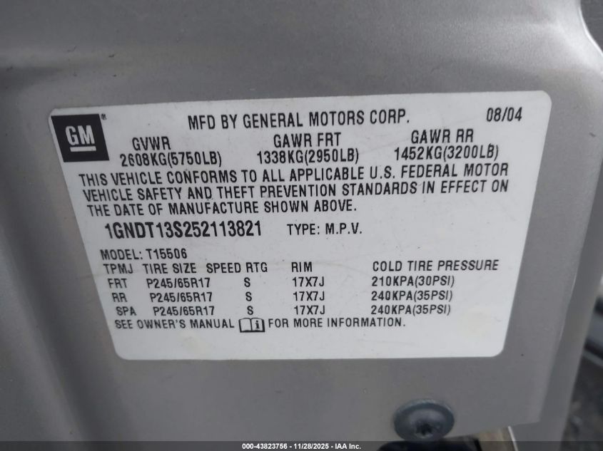 2005 Chevrolet Trailblazer Lt VIN: 1GNDT13S252113821 Lot: 43823756