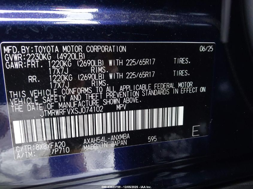 2025 Toyota Rav4 Hybrid Xle VIN: JTMRWRFVXSJ074102 Lot: 43823759