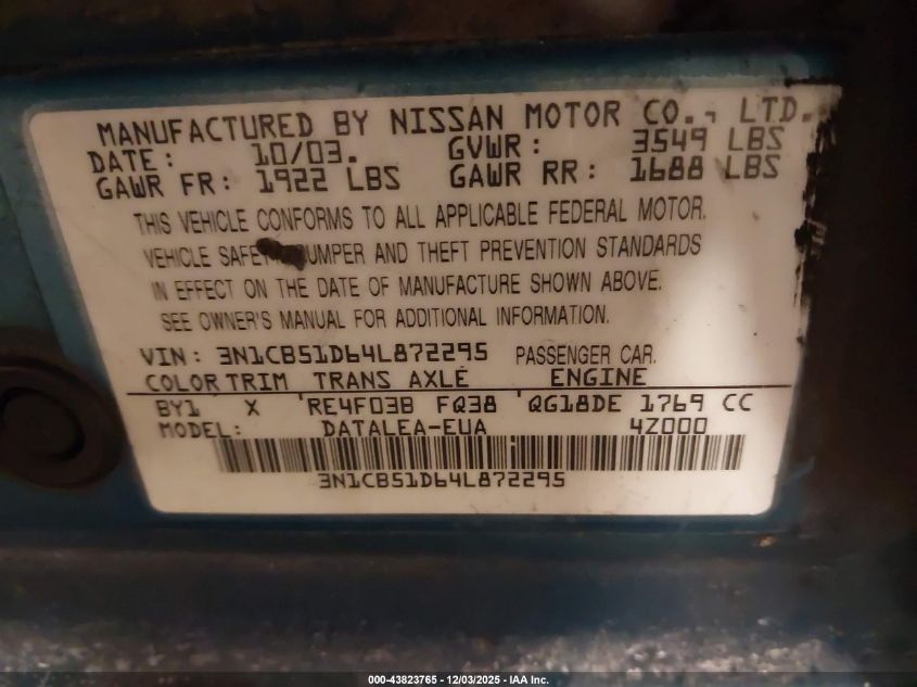 2004 Nissan Sentra 1.8S VIN: 3N1CB51D64L872295 Lot: 43823765