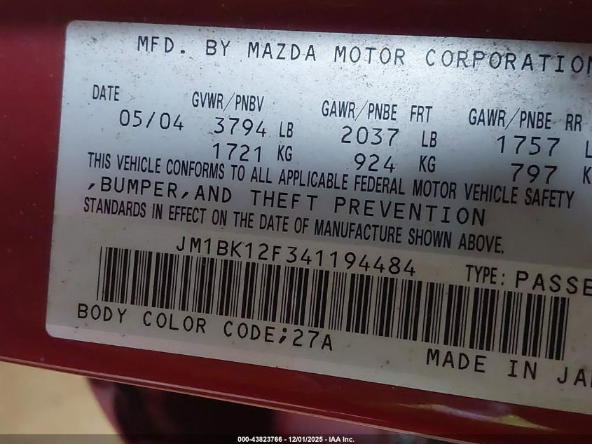 2004 Mazda Mazda3 I VIN: JM1BK12F341194484 Lot: 43823766