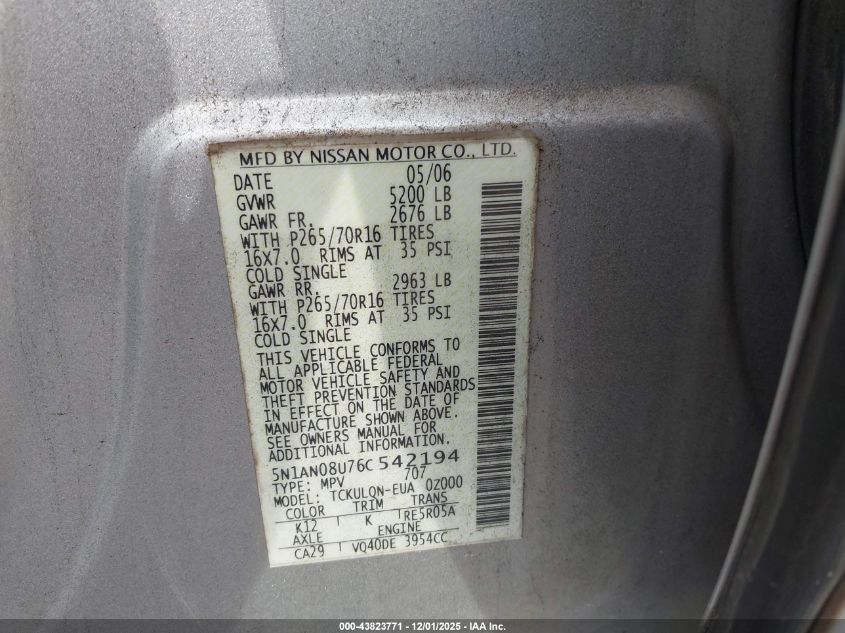 2006 Nissan Xterra X VIN: 5N1AN08U76C542194 Lot: 43823771