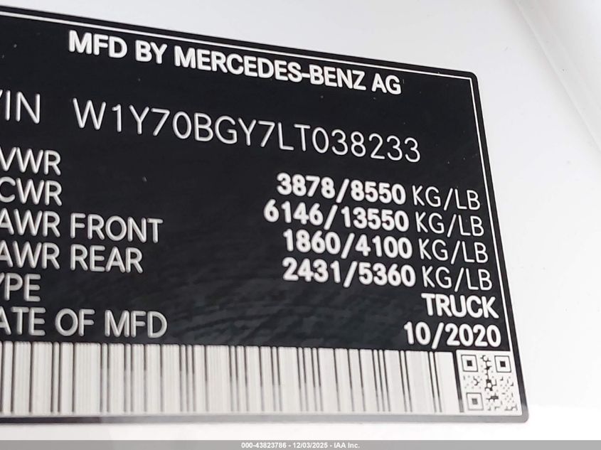 2020 Mercedes-Benz Sprinter 1500 Standard Roof I4 VIN: W1Y70BGY7LT038233 Lot: 43823786