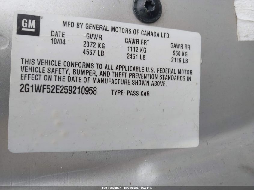 2005 Chevrolet Impala VIN: 2G1WF52E259210958 Lot: 43823807