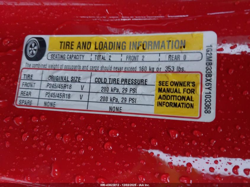 2006 Pontiac Solstice VIN: 1G2MB33BX6Y103368 Lot: 43823812