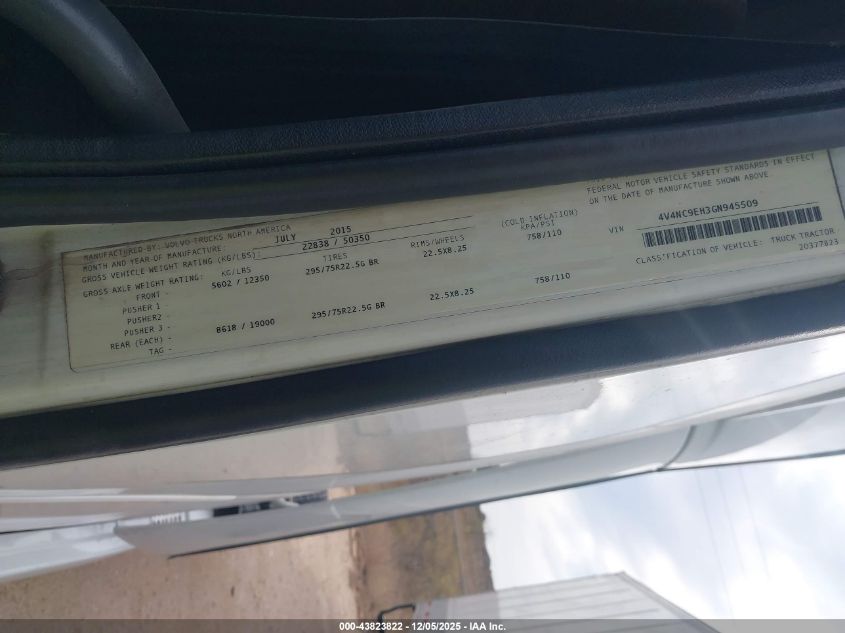 2016 Volvo Vn VIN: 4V4NC9EH3GN945509 Lot: 43823822