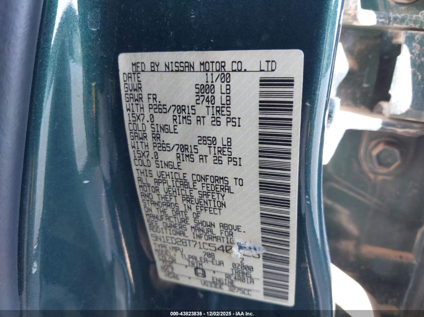 2001 Nissan Xterra Xe-V6 VIN: 5N1ED28T71C540123 Lot: 43823836