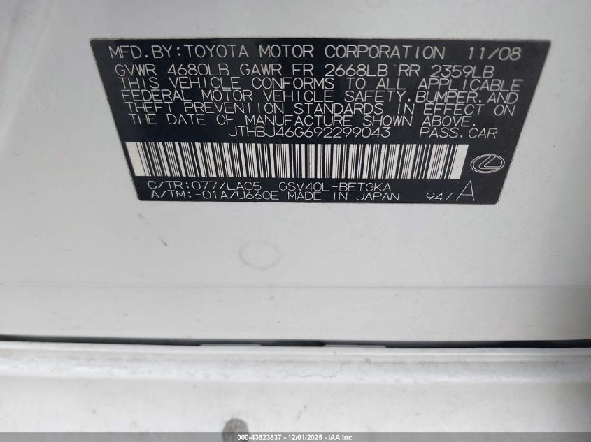 2009 Lexus Es 350 VIN: JTHBJ46G692299043 Lot: 43823837