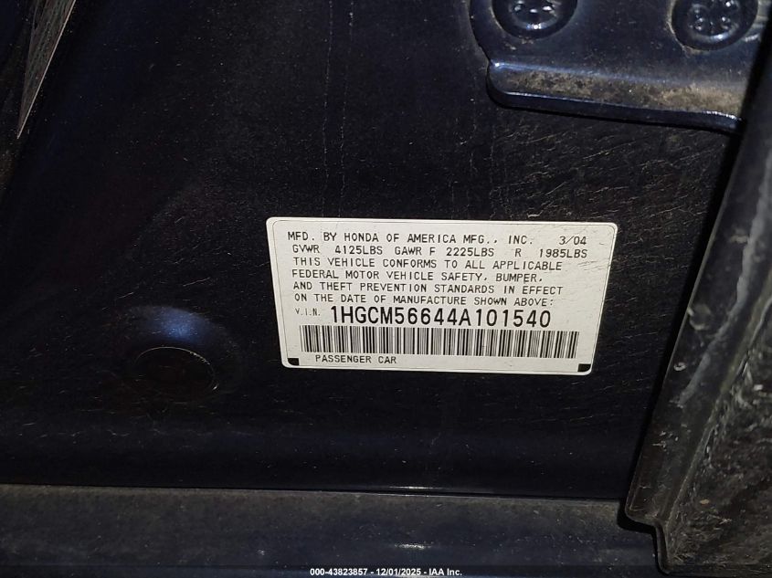2004 Honda Accord 2.4 Ex VIN: 1HGCM56644A101540 Lot: 43823857