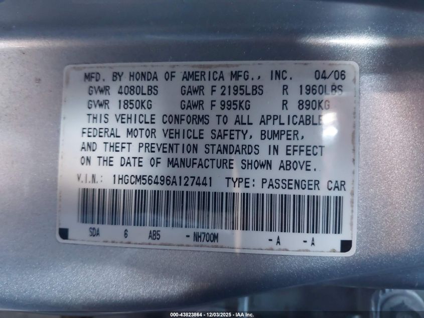 2006 Honda Accord 2.4 Lx VIN: 1HGCM56496A127441 Lot: 43823864
