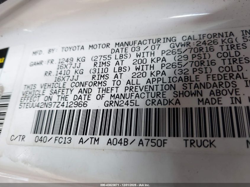 2007 Toyota Tacoma Base V6 VIN: 5TEUU42N97Z412966 Lot: 43823871