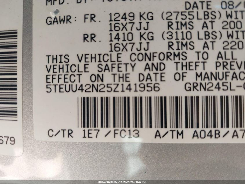 2005 Toyota Tacoma Base V6 VIN: 5TEUU42N25Z141956 Lot: 43823895