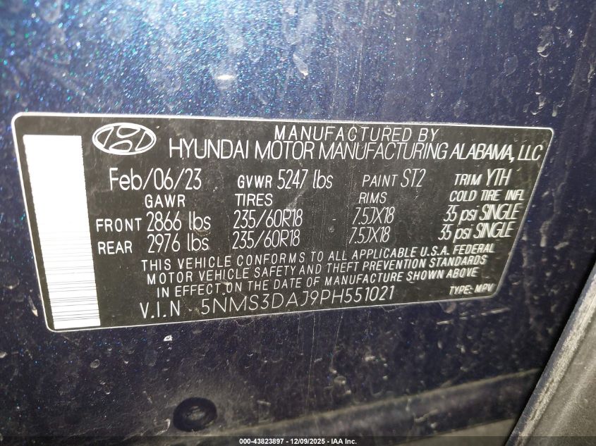 2023 Hyundai Santa Fe Sel VIN: 5NMS3DAJ9PH551021 Lot: 43823897