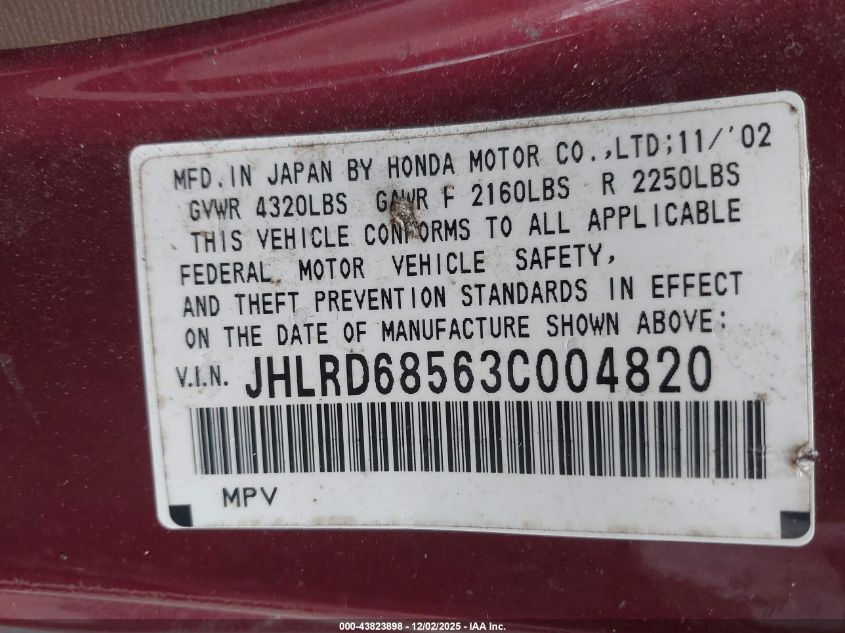 2003 Honda Cr-V Lx VIN: JHLRD68563C004820 Lot: 43823898