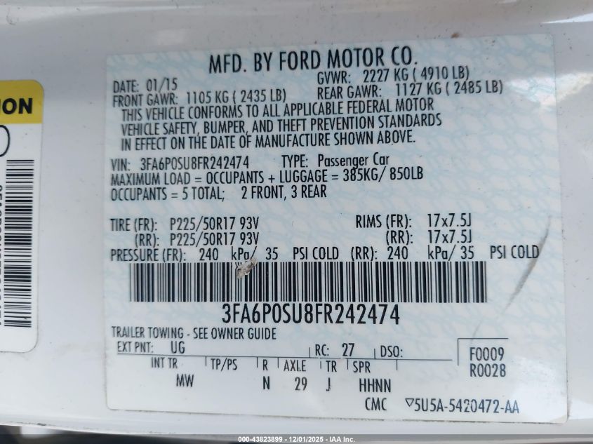 2015 Ford Fusion Energi Titanium VIN: 3FA6P0SU8FR242474 Lot: 43823899