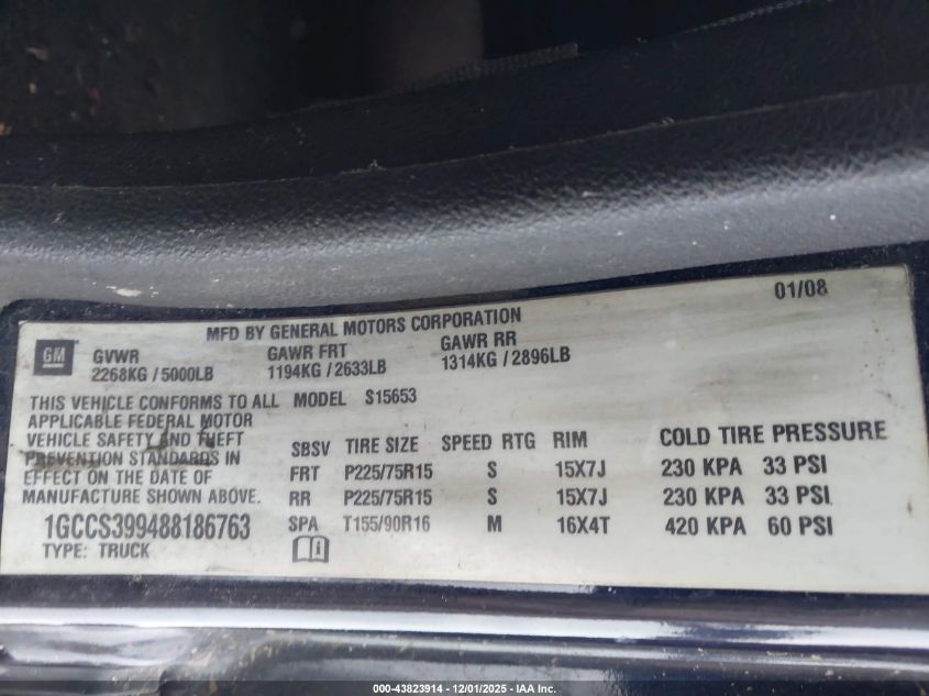 2008 Chevrolet Colorado Lt VIN: 1GCCS399488186763 Lot: 43823914