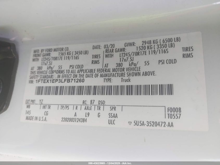 2020 Ford F-150 Xl VIN: 1FTEX1EP3LFB71260 Lot: 43823969