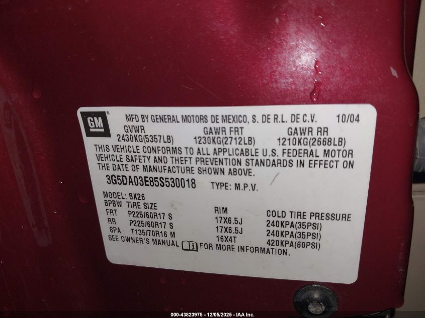 2005 Buick Rendezvous Cx VIN: 3G5DA03E85S530018 Lot: 43823975