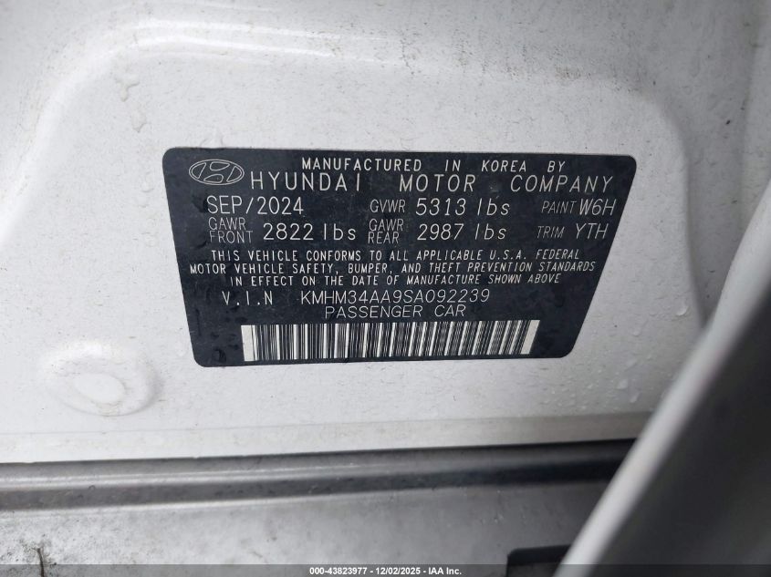 2025 Hyundai Ioniq 6 Sel VIN: KMHM34AA9SA092239 Lot: 43823977