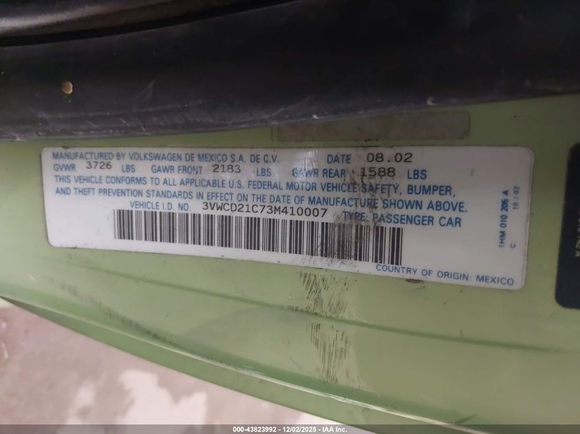 2003 Volkswagen New Beetle Gls 1.8T VIN: 3VWCD21C73M410007 Lot: 43823992