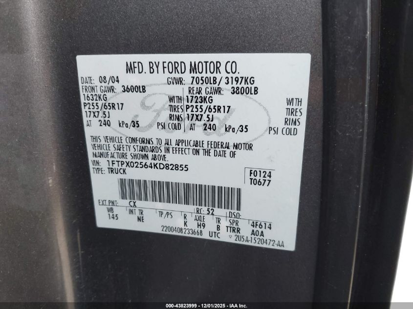 2004 Ford F-150 Xlt VIN: 1FTPX02564KD82855 Lot: 43823999