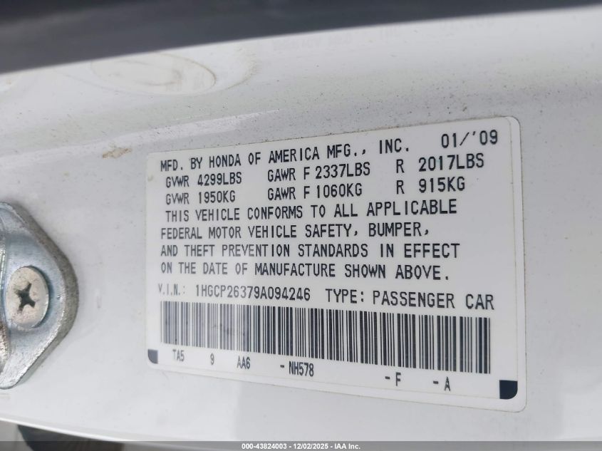 2009 Honda Accord 2.4 Lx VIN: 1HGCP26379A094246 Lot: 43824003