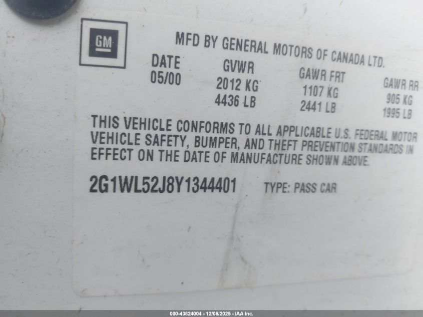 2000 Chevrolet Lumina VIN: 2G1WL52J8Y1344401 Lot: 43824004