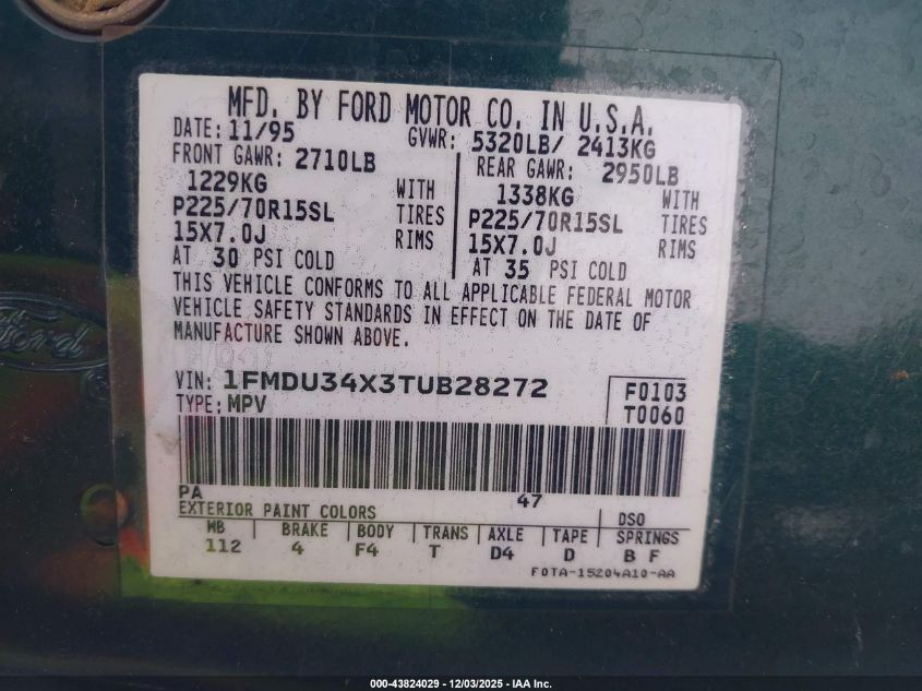 1996 Ford Explorer VIN: 1FMDU34X3TUB28272 Lot: 43824029