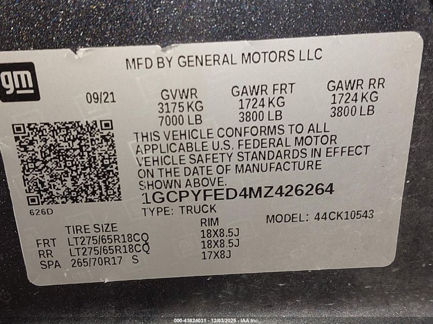 2021 Chevrolet Silverado 1500 4Wd Short Bed Lt Trail Boss VIN: 1GCPYFED4MZ426264 Lot: 43824031