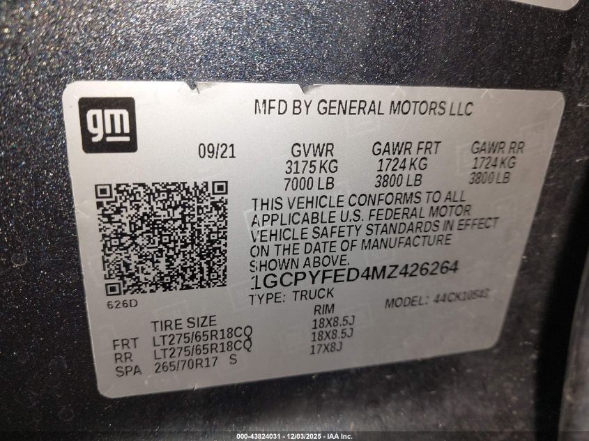 2021 Chevrolet Silverado 1500 4Wd Short Bed Lt Trail Boss VIN: 1GCPYFED4MZ426264 Lot: 43824031