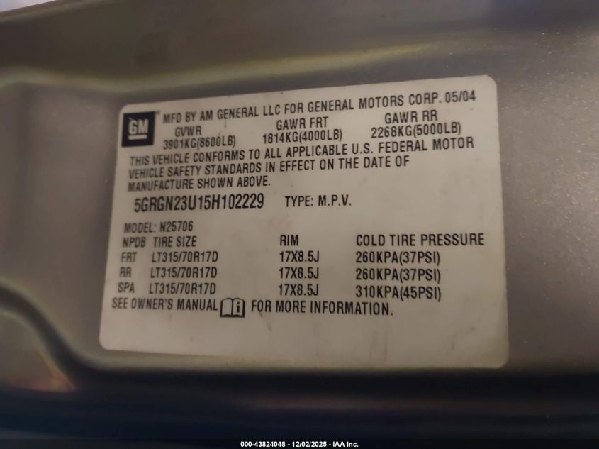 2005 Hummer H2 Suv VIN: 5GRGN23U15H102229 Lot: 43824048