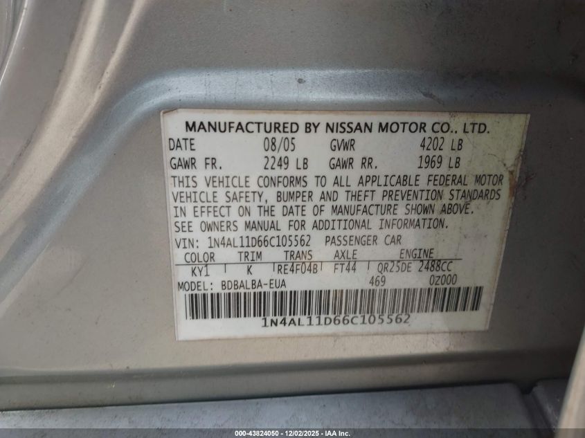 2006 Nissan Altima 2.5 S VIN: 1N4AL11D66C105562 Lot: 43824050