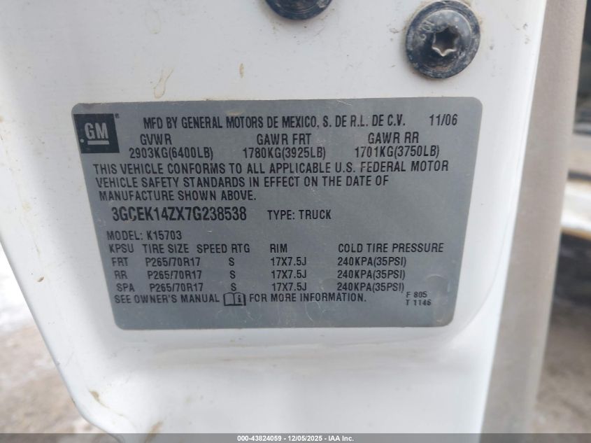2007 Chevrolet Silverado 1500 Classic Work Truck VIN: 3GCEK14ZX7G238538 Lot: 43824059