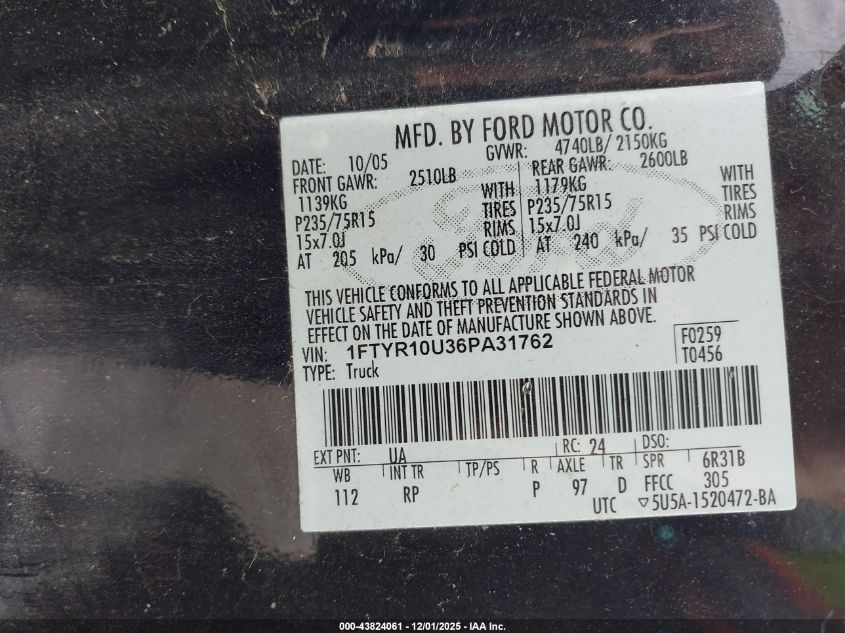 2006 Ford Ranger Sport/Stx/Xl/Xlt VIN: 1FTYR10U36PA31762 Lot: 43824061