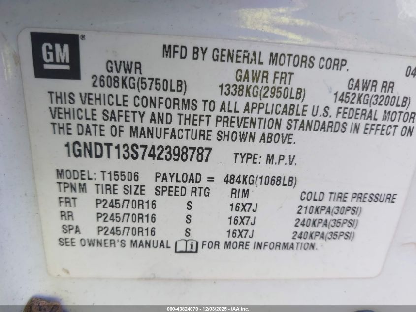 2004 Chevrolet Trailblazer Ls VIN: 1GNDT13S742398787 Lot: 43824070