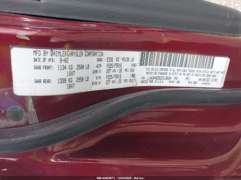 2003 Jeep Grand Cherokee Laredo VIN: 1J4GX48S83C518684 Lot: 43824071