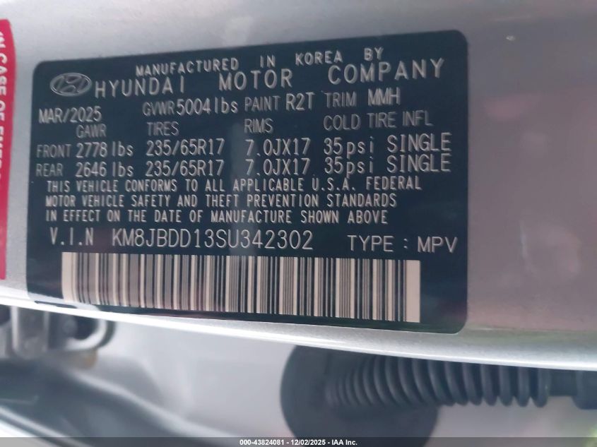 2025 Hyundai Tucson Hybrid Blue VIN: KM8JBDD13SU342302 Lot: 43824081