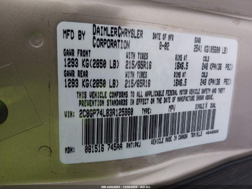 2003 Chrysler Town & Country Ex VIN: 2C8GP74L83R125960 Lot: 43824093