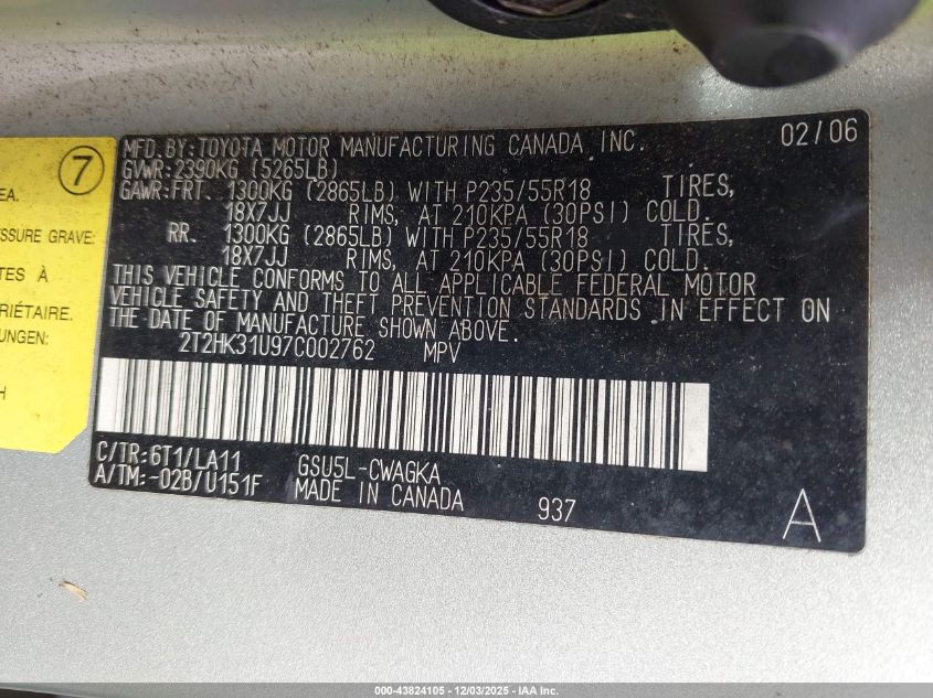 2007 Lexus Rx 350 VIN: 2T2HK31U97C002762 Lot: 43824105