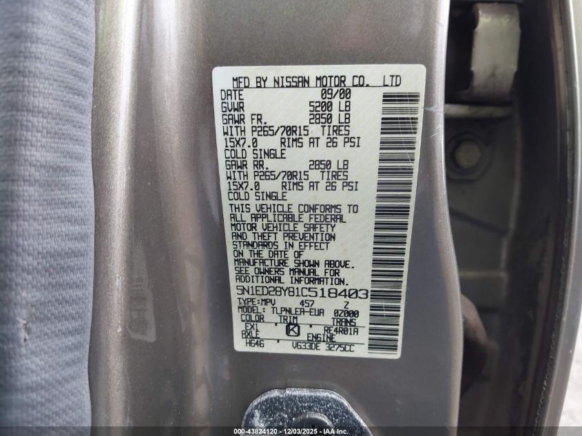 2001 Nissan Xterra Xe VIN: 5N1ED28Y81C518403 Lot: 43824120