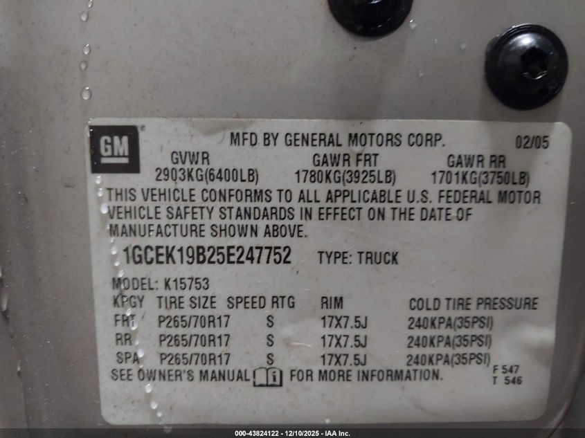 2005 Chevrolet Silverado 1500 Z71 VIN: 1GCEK19B25E247752 Lot: 43824122