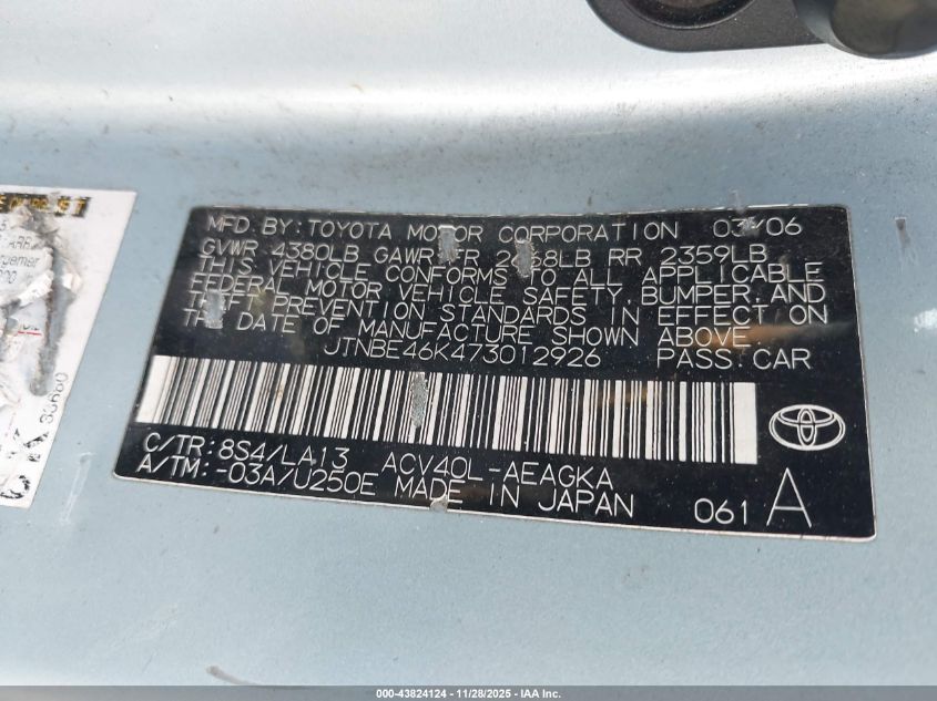 2007 Toyota Camry Xle VIN: JTNBE46K473012926 Lot: 43824124