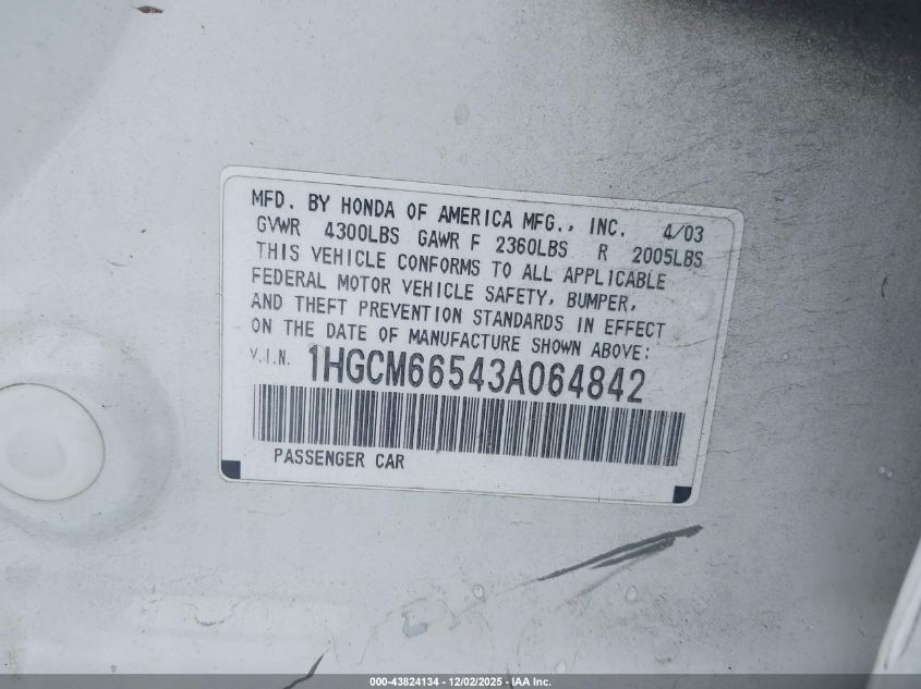 2003 Honda Accord 3.0 Ex VIN: 1HGCM66543A064842 Lot: 43824134