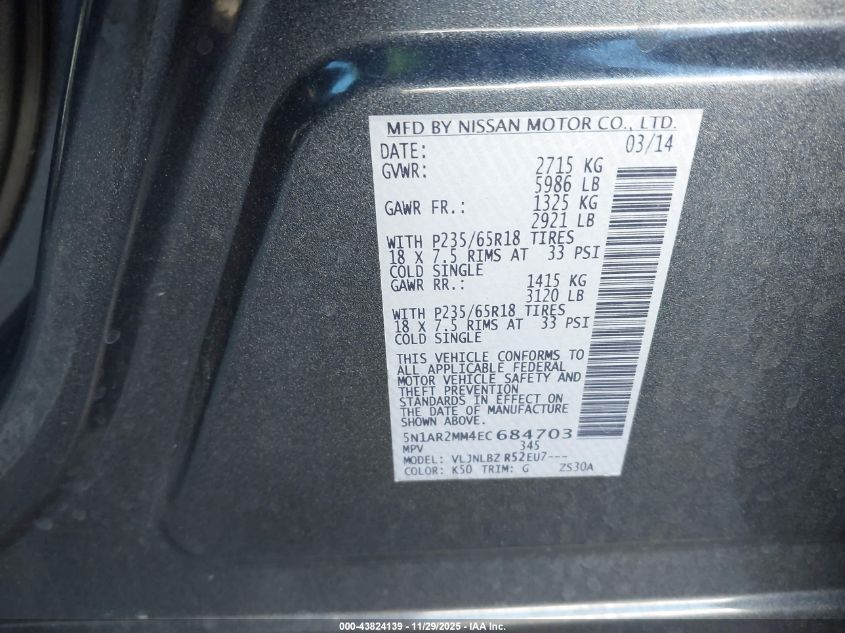 2014 Nissan Pathfinder S VIN: 5N1AR2MM4EC684703 Lot: 43824139