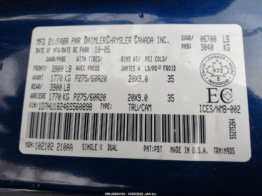 2006 Dodge Ram 1500 Slt/Trx4 Off Road/Sport VIN: 1D7HU18246S560898 Lot: 43824143