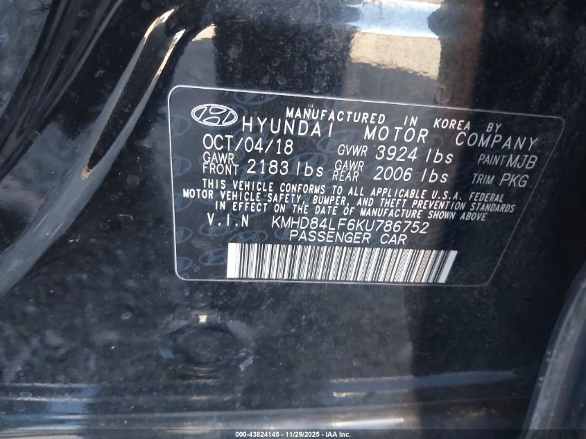 2019 Hyundai Elantra Sel VIN: KMHD84LF6KU786752 Lot: 43824145