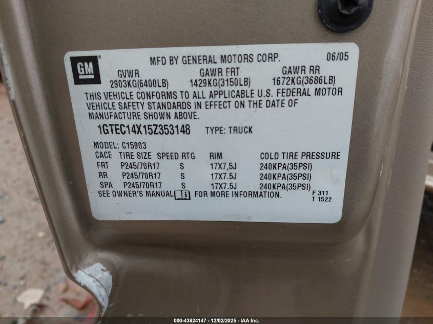 2005 GMC Sierra 1500 Work Truck VIN: 1GTEC14X15Z353148 Lot: 43824147